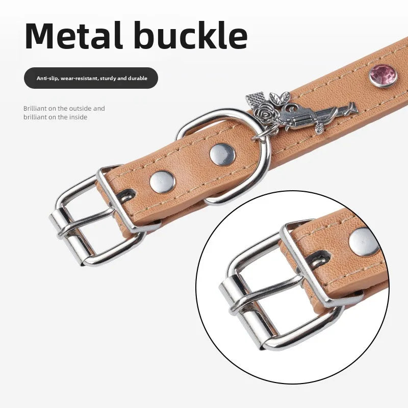 Rhinestone Leather Dog Collar – Adjustable Bling Puppy Collar with Metal Buckle for Small &amp; Medium Dogs