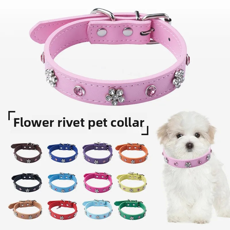 Rhinestone Leather Dog Collar – Adjustable Bling Puppy Collar with Metal Buckle for Small &amp; Medium Dogs