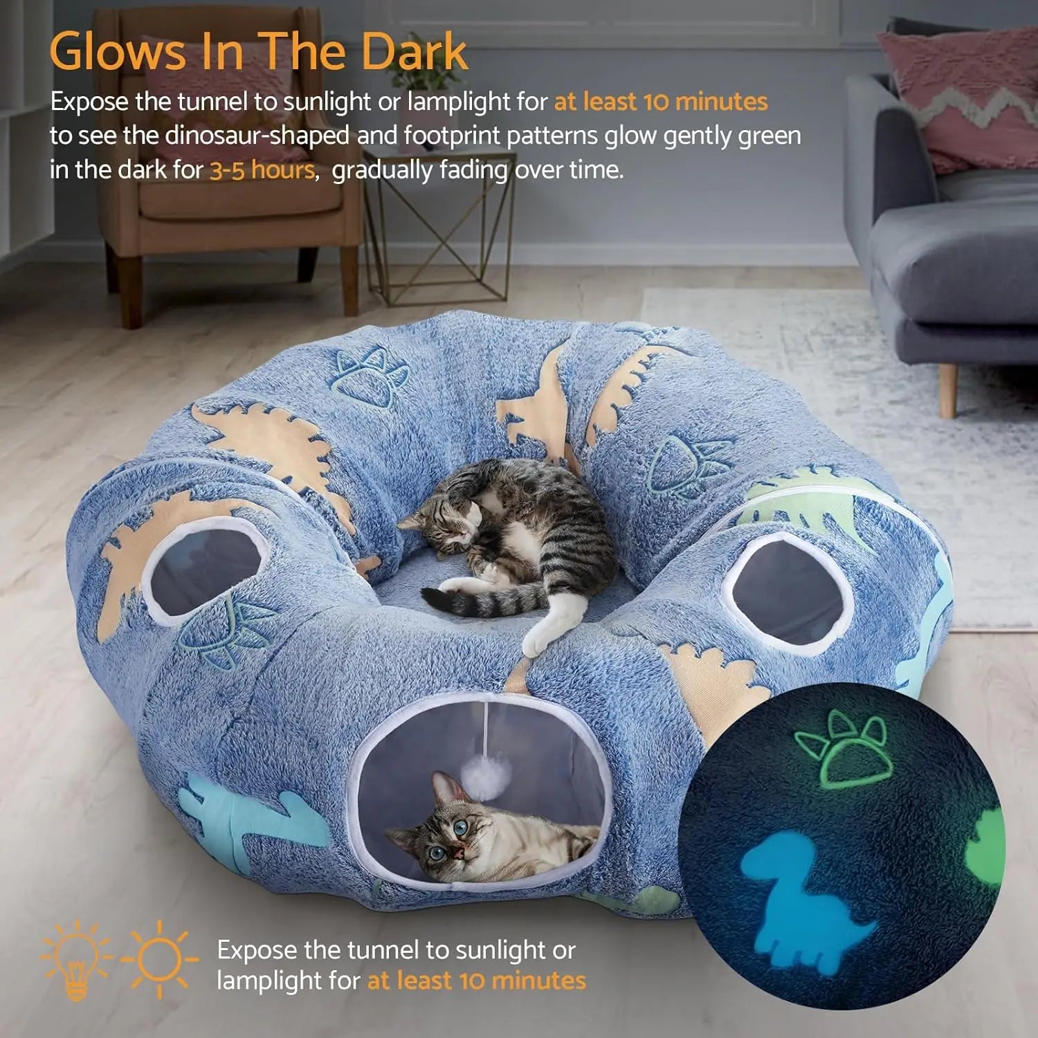 Cat Tunnel Bed for Indoor Cats – Foldable Plush Donut Tunnel with Glow-in-the-Dark Design