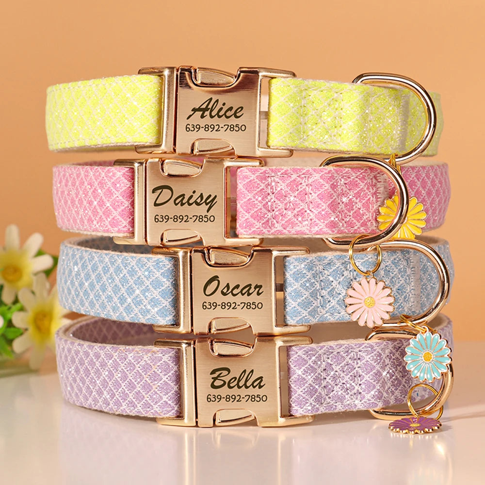 Personalized Bling Plaid Dog Collar – Adjustable Buckle Collar with Cute Flower Pendant, Anti-Lost ID for Small &amp; Medium Dogs &amp; Cats – Pink