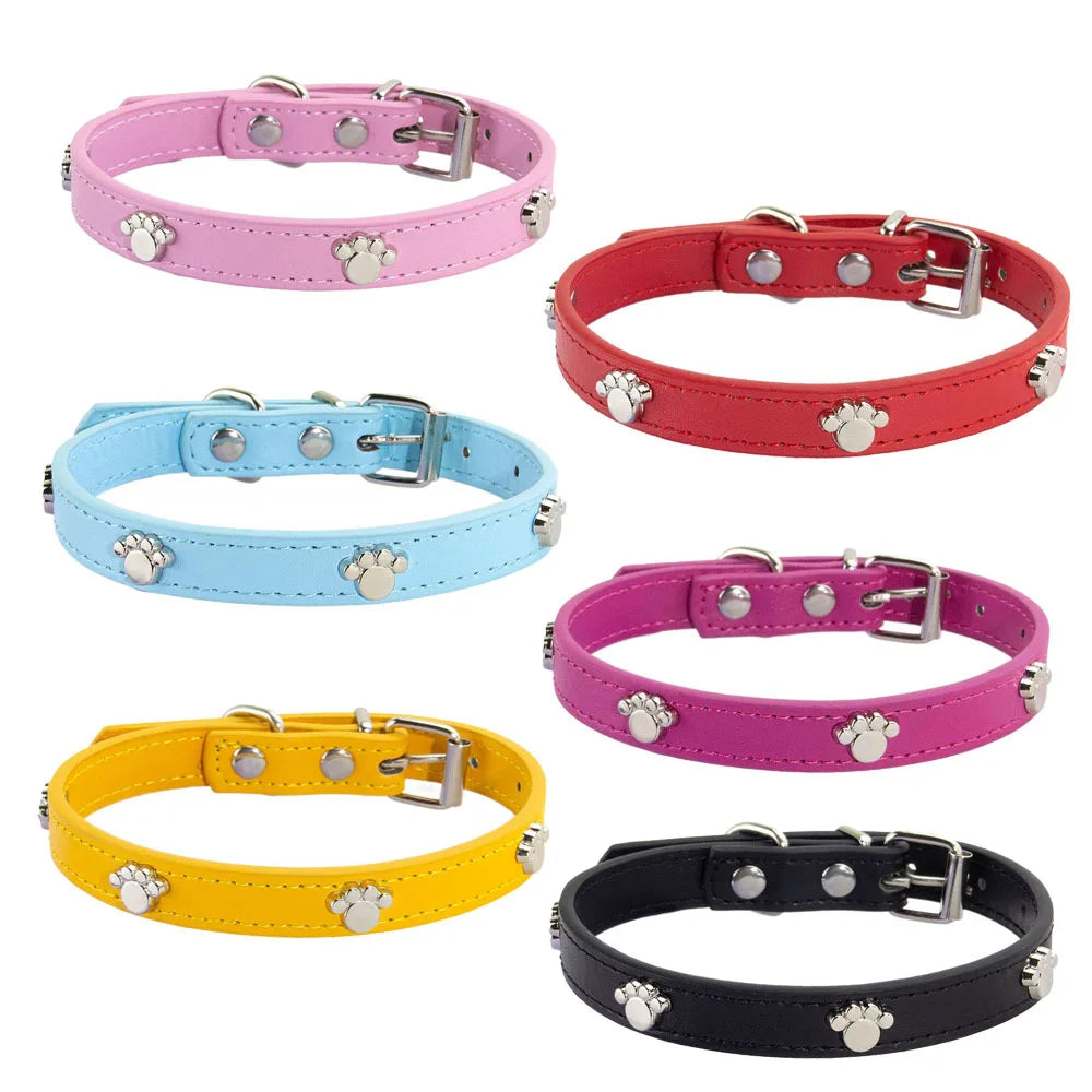 Durable Leather Dog Collar with Paw Print – Adjustable Puppy &amp; Small Dog Collar for Pug, Chihuahua &amp; Cats