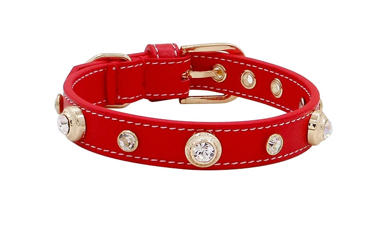 Genuine Leather Pet Collar White Diamond Gemstone Rivet Cowhide Collar Dog and Cat Collar