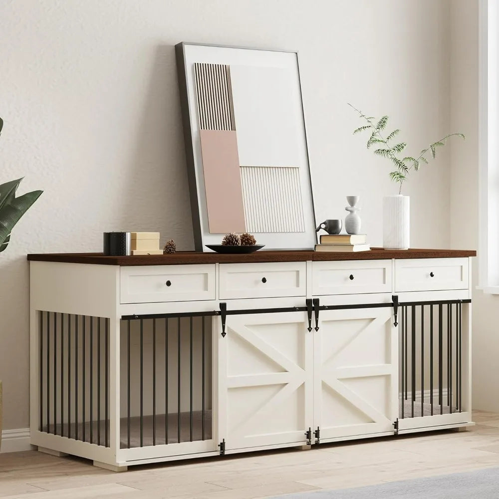 Indoor Wooden Dog Crate Furniture with 4 Drawers &amp; Sliding Barn Doors – Stylish Kennel for Small Dogs