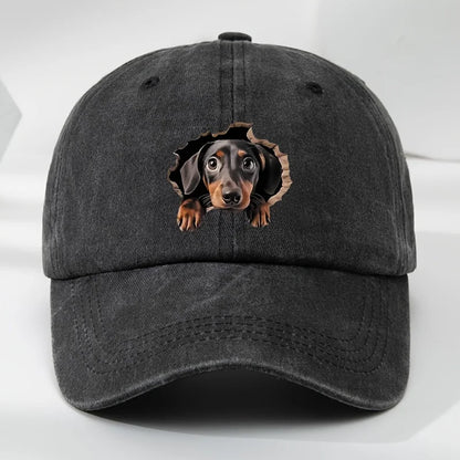 Retro Washed Dachshund Baseball Cap – Dog Pattern Hat with Breathable See-Through Hole Design, Casual Outdoor Sports Sun Hat