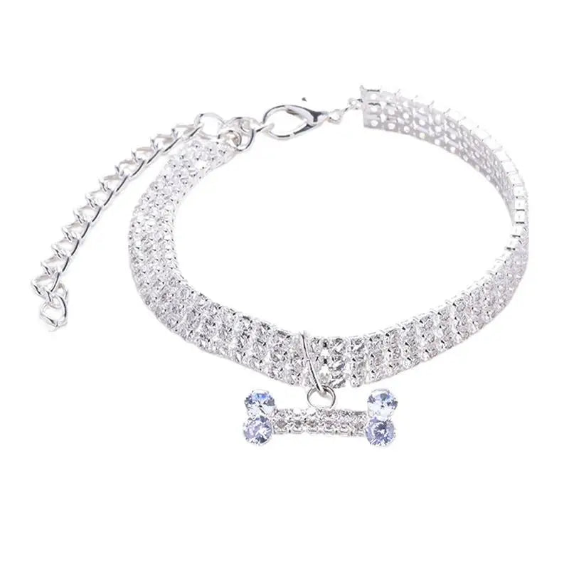 Elegant Bling Rhinestone Dog Collar with Bone Pendant | 3-Row Adjustable Fancy Dog &amp; Cat Necklace for Small Pets – Perfect for Weddings &amp; Special Occasions