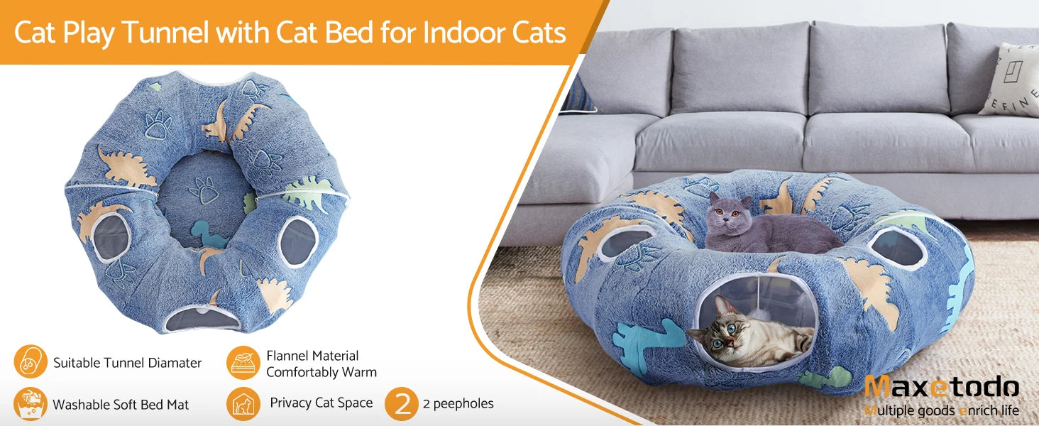 Cat Tunnel Bed for Indoor Cats – Foldable Plush Donut Tunnel with Glow-in-the-Dark Design