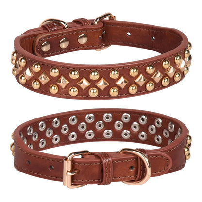 Anti-Bite Leather Dog Collar with Rivets – Heavy Duty Adjustable Pet Collar for Medium &amp; Large Dogs, Soft Comfortable Durable Training Walking Collar