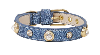Genuine Leather Pet Collar White Diamond Gemstone Rivet Cowhide Collar Dog and Cat Collar