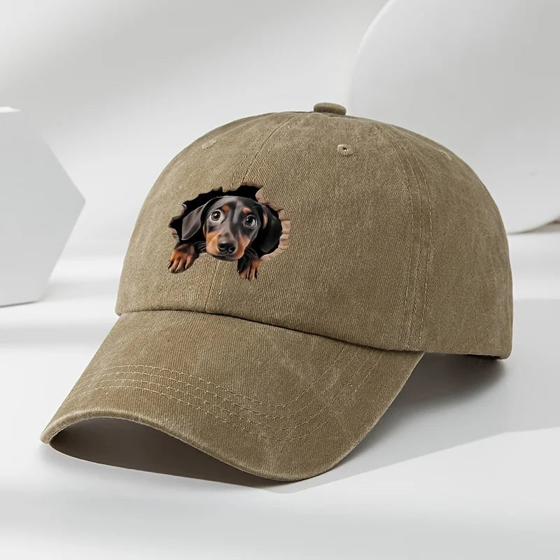 Retro Washed Dachshund Baseball Cap – Dog Pattern Hat with Breathable See-Through Hole Design, Casual Outdoor Sports Sun Hat