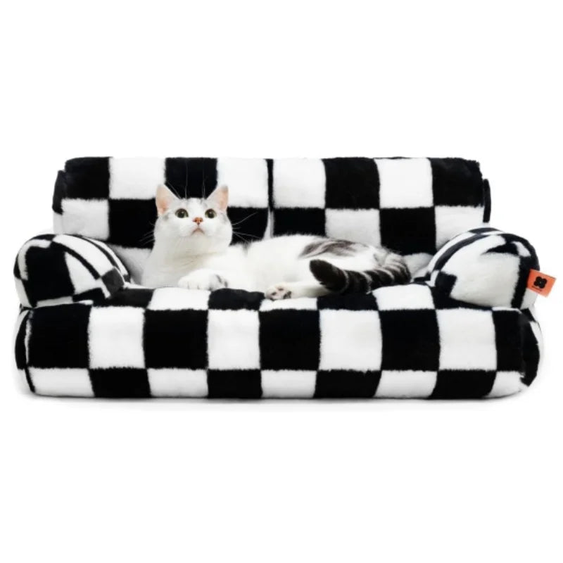 Pet Couch Bed 26×19×13 – Washable Fluffy Cat Bed for Cats &amp; Small Dogs up to 25 lbs, Black &amp; White