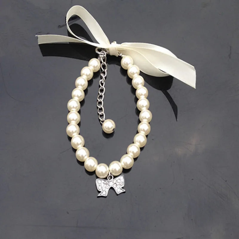 Exquisite Pearl Dog Necklace Pearl Necklace Jewelry with Bow Ribbon Suitable for Cats and Dogs