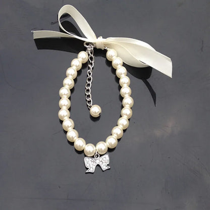 Exquisite Pearl Dog Necklace Pearl Necklace Jewelry with Bow Ribbon Suitable for Cats and Dogs