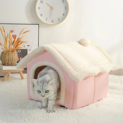 Cute Dog House Bed with Removable Cushion - Soft Coral Fleece Pet Bed for Dogs &amp; Cats, All-Season, Lightweight &amp; Breathable