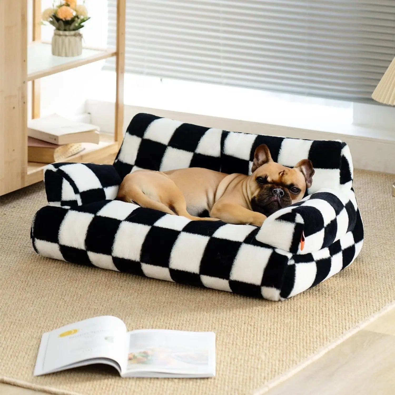 Pet Couch Bed 26×19×13 – Washable Fluffy Cat Bed for Cats &amp; Small Dogs up to 25 lbs, Black &amp; White