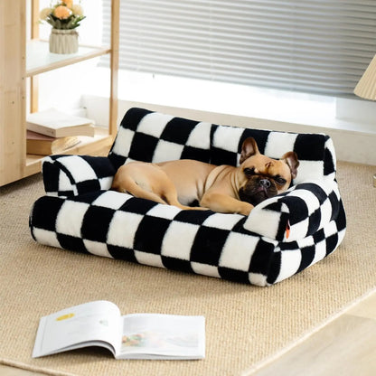 Pet Couch Bed 26×19×13 – Washable Fluffy Cat Bed for Cats &amp; Small Dogs up to 25 lbs, Black &amp; White