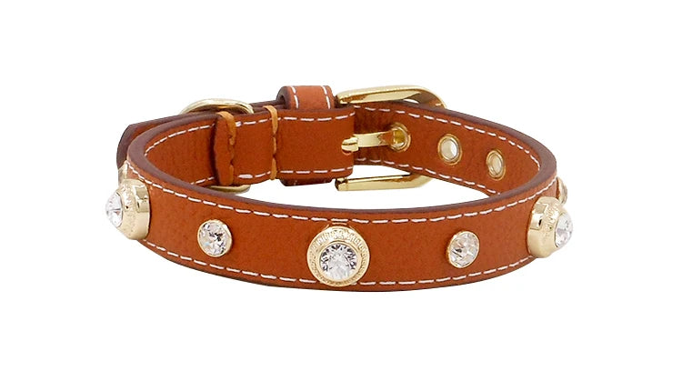 Genuine Leather Pet Collar White Diamond Gemstone Rivet Cowhide Collar Dog and Cat Collar