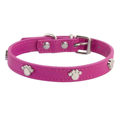 Durable Leather Dog Collar with Paw Print – Adjustable Puppy &amp; Small Dog Collar for Pug, Chihuahua &amp; Cats