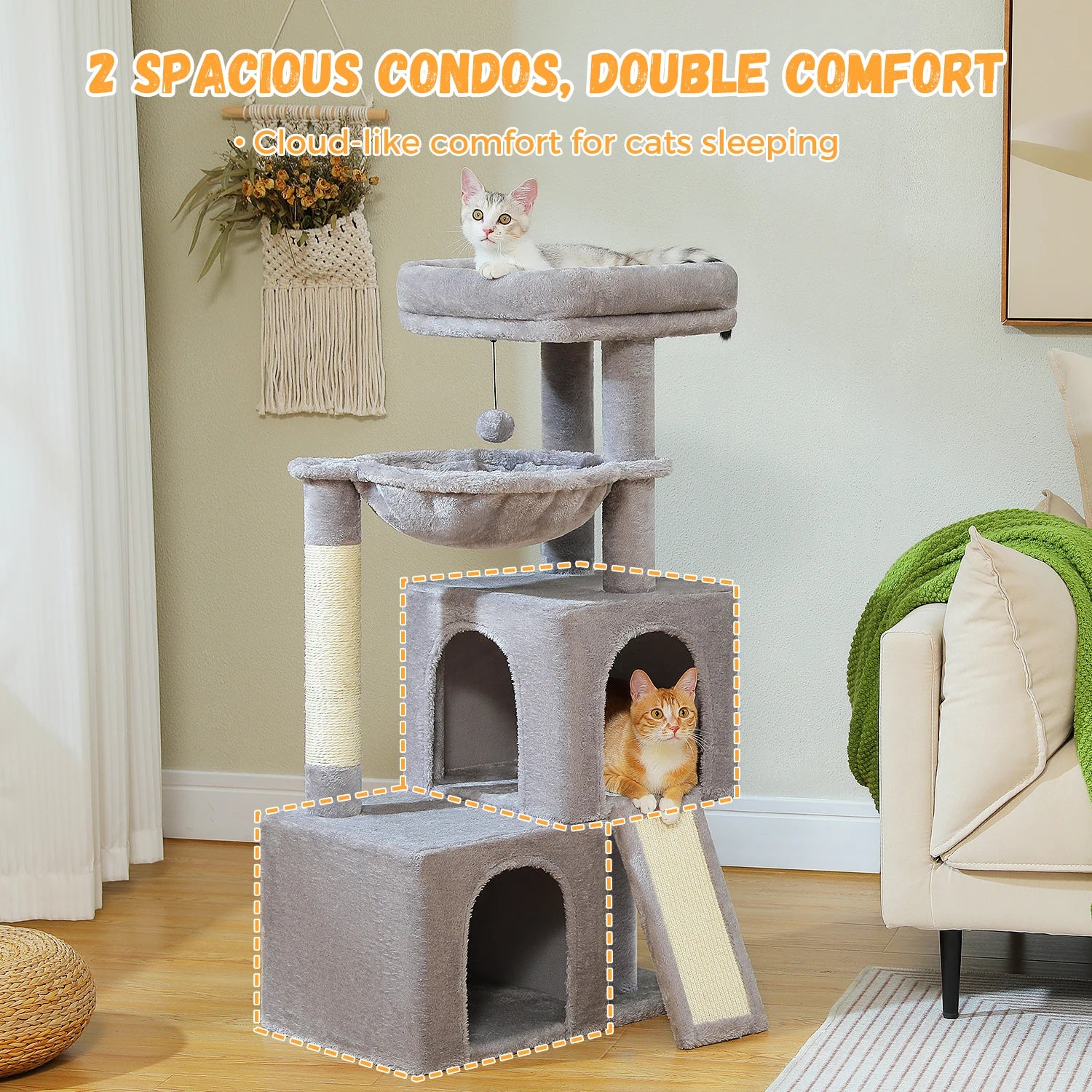 Large Cat Tree for Indoor Cats, Multi-Level Cat Tower with Sisal Scratching Post, 2 Spacious Condo, Cat Scratching Pad, Cat Toys