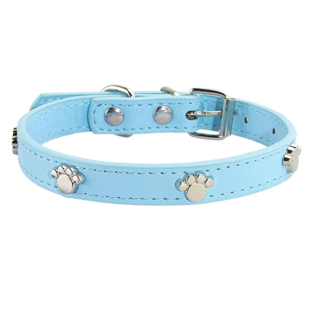 Durable Leather Dog Collar with Paw Print – Adjustable Puppy &amp; Small Dog Collar for Pug, Chihuahua &amp; Cats