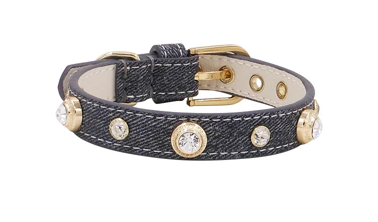Genuine Leather Pet Collar White Diamond Gemstone Rivet Cowhide Collar Dog and Cat Collar