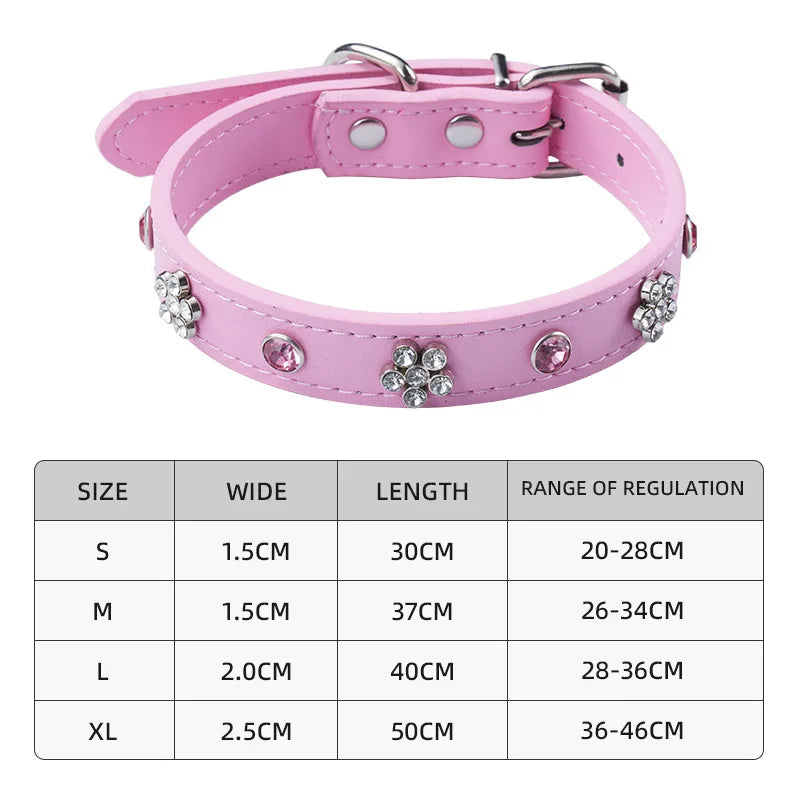 Rhinestone Leather Dog Collar – Adjustable Bling Puppy Collar with Metal Buckle for Small &amp; Medium Dogs