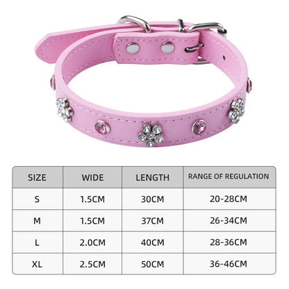 Rhinestone Leather Dog Collar – Adjustable Bling Puppy Collar with Metal Buckle for Small &amp; Medium Dogs