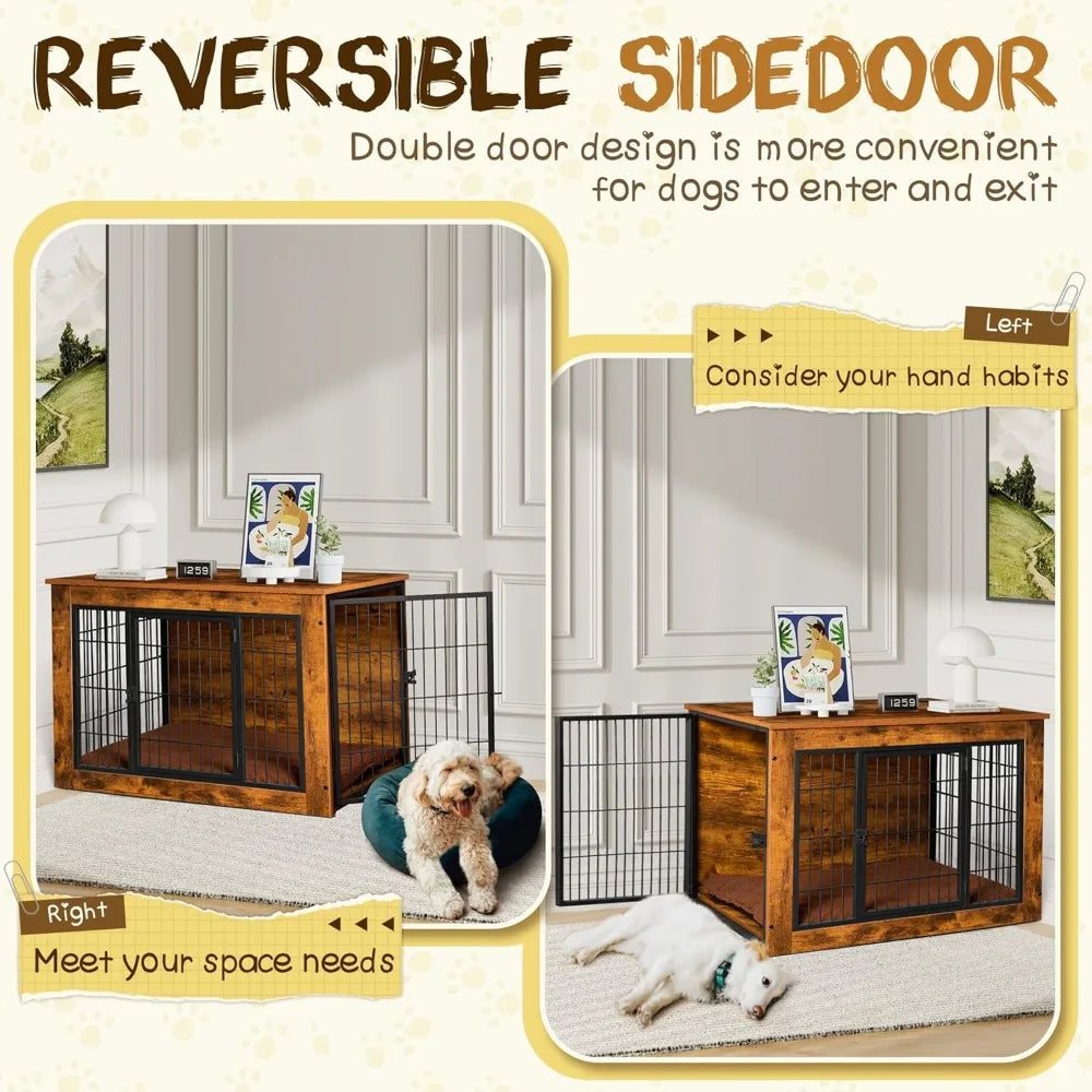 Stylish Dog Crate Furniture with Thick Cushion &amp; Double Doors – Wooden End Table Chew-Resistant Dog Kennel