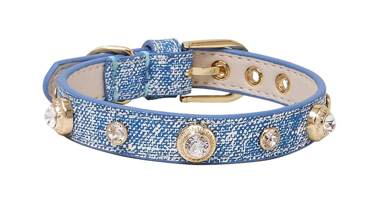 Genuine Leather Pet Collar White Diamond Gemstone Rivet Cowhide Collar Dog and Cat Collar
