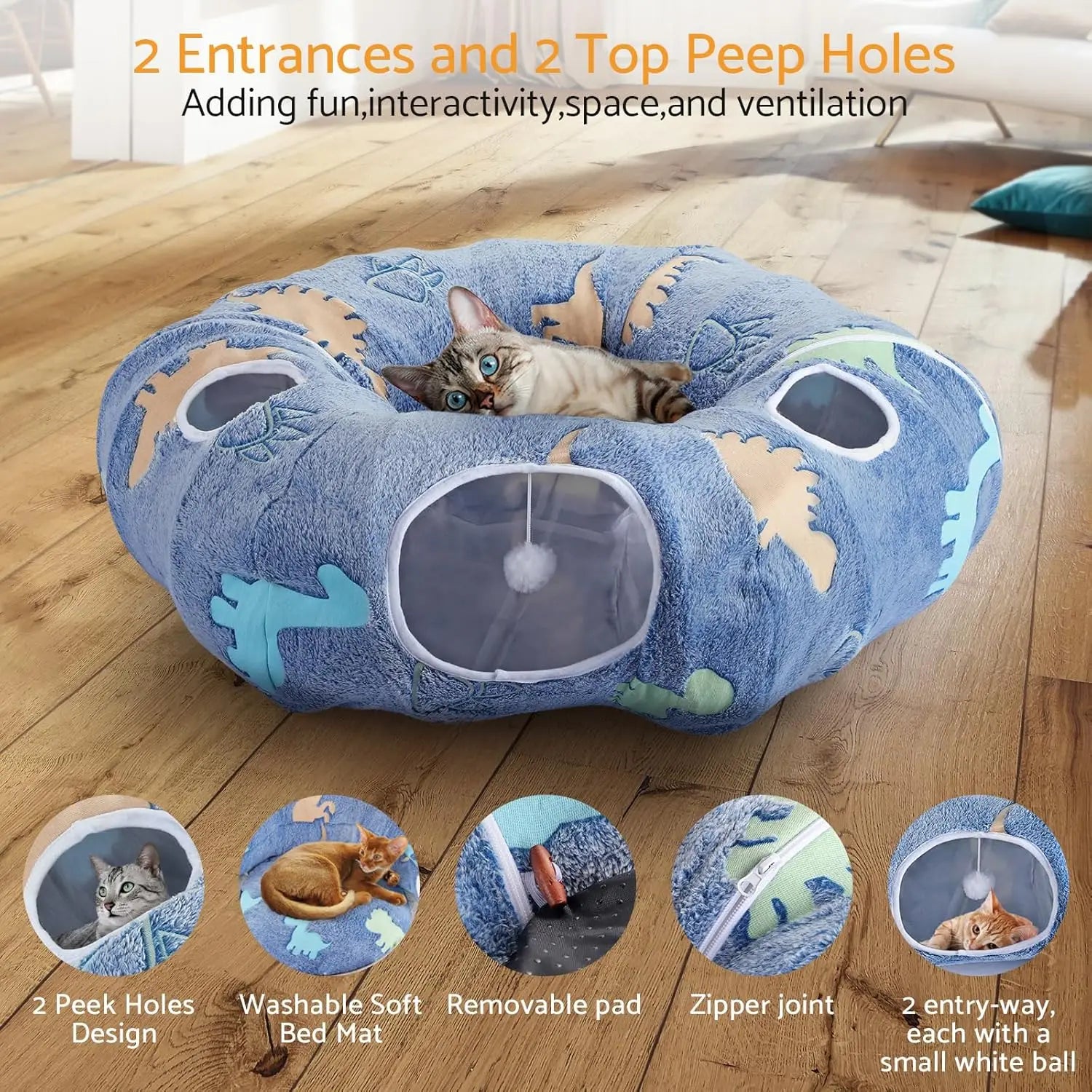 Cat Tunnel Bed for Indoor Cats – Foldable Plush Donut Tunnel with Glow-in-the-Dark Design
