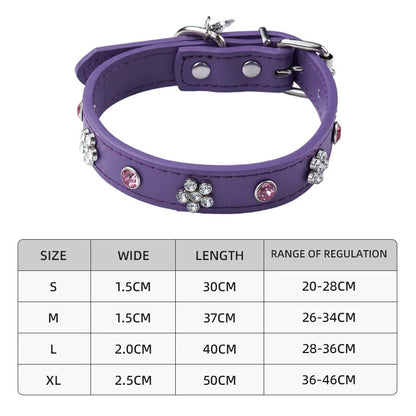 Rhinestone Leather Dog Collar – Adjustable Bling Puppy Collar with Metal Buckle for Small &amp; Medium Dogs