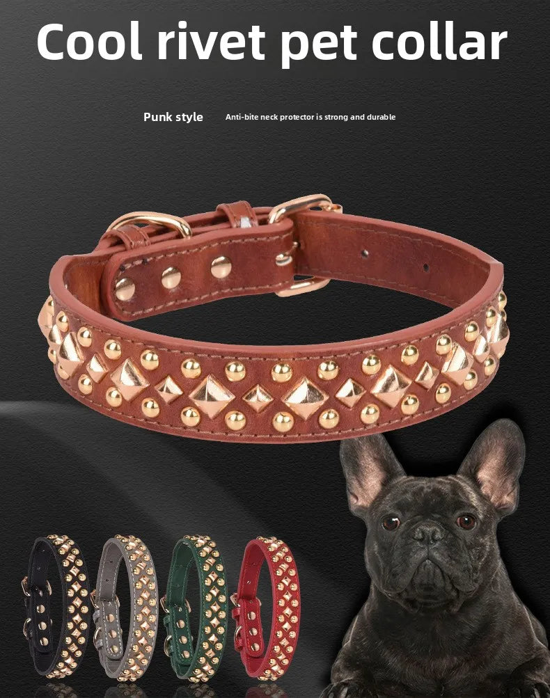 Anti-Bite Leather Dog Collar with Rivets – Heavy Duty Adjustable Pet Collar for Medium &amp; Large Dogs, Soft Comfortable Durable Training Walking Collar