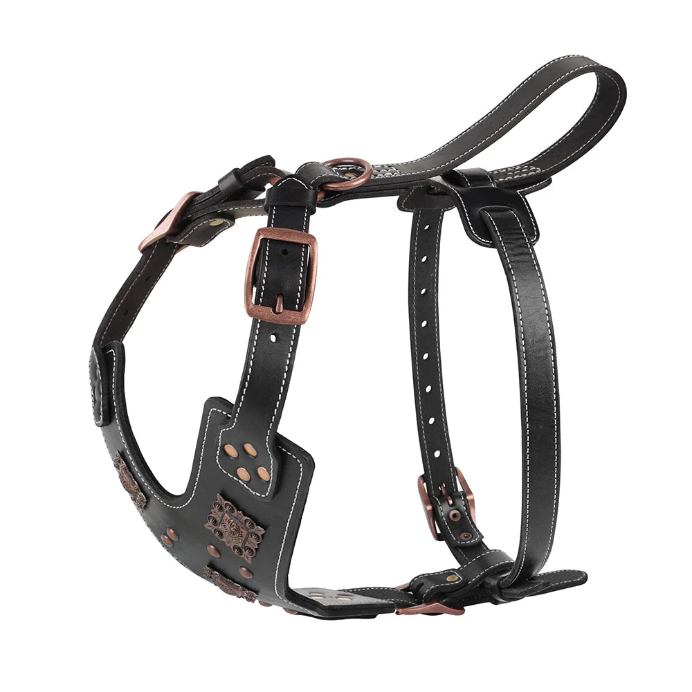 Genuine Leather Dog Harness – Durable Riveted Training Vest with Metal Hardware for Medium &amp; Large Dogs