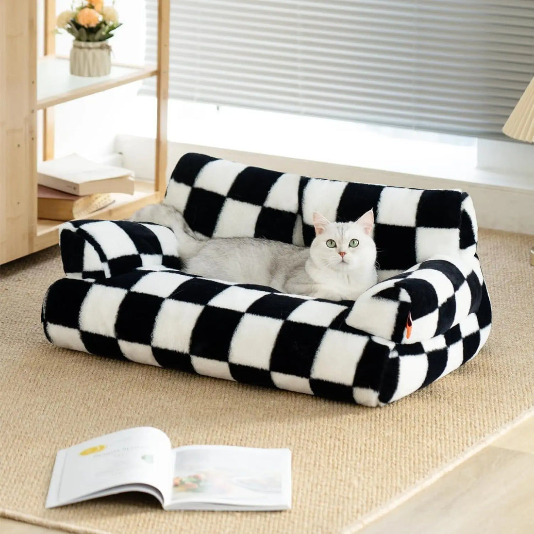 Pet Couch Bed 26×19×13 – Washable Fluffy Cat Bed for Cats &amp; Small Dogs up to 25 lbs, Black &amp; White