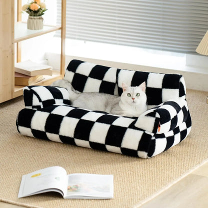 Pet Couch Bed 26×19×13 – Washable Fluffy Cat Bed for Cats &amp; Small Dogs up to 25 lbs, Black &amp; White