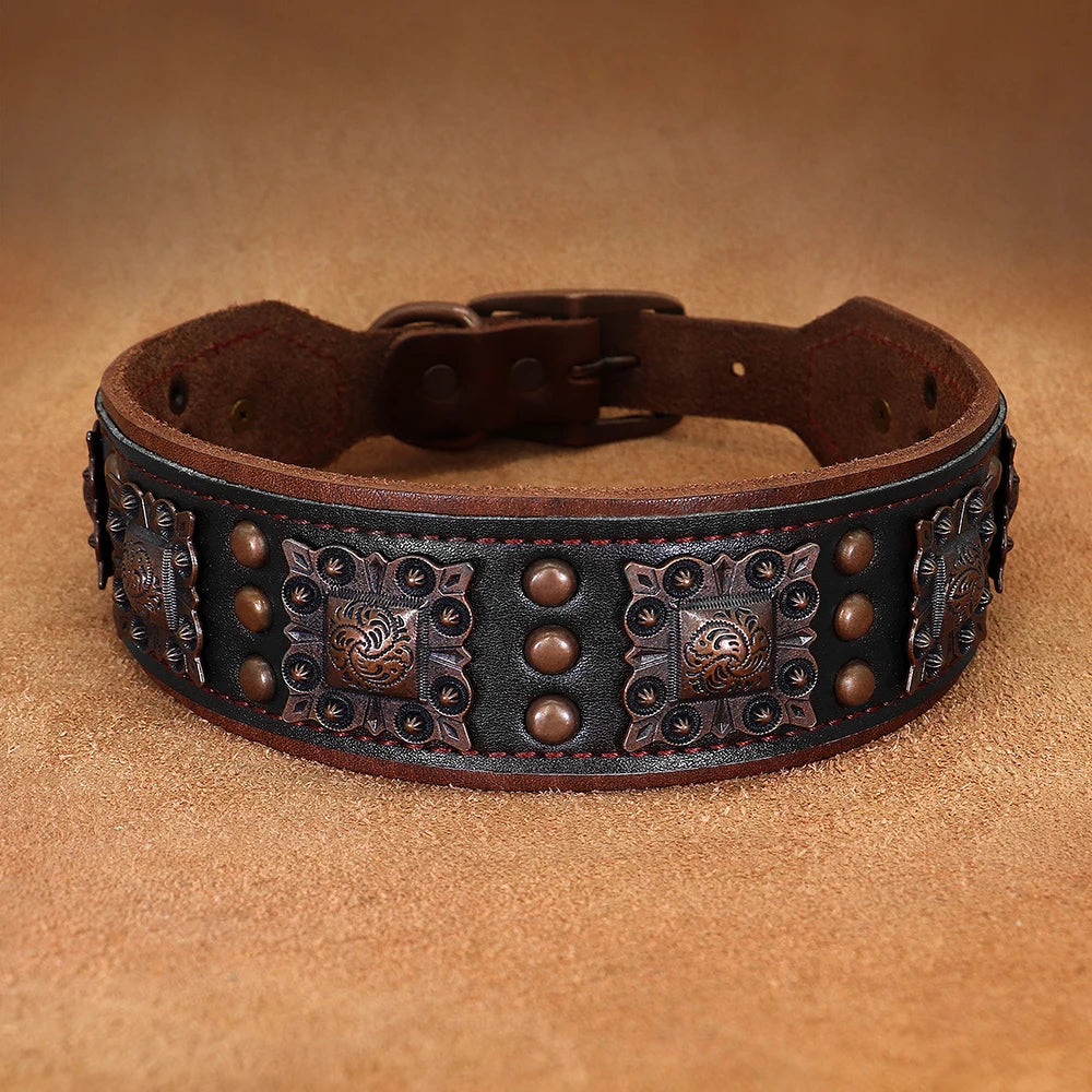 Cool Spiked Dog Collar for Medium Large Dogs – Genuine Leather Adjustable Pitbull Bulldog Collar with Metal Buckle &amp; D-Ring