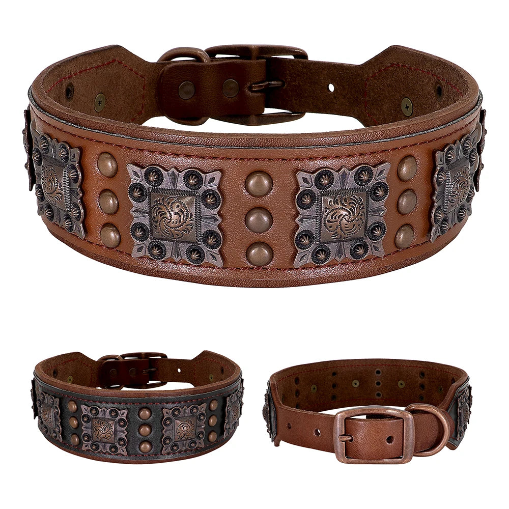 Cool Spiked Dog Collar for Medium Large Dogs – Genuine Leather Adjustable Pitbull Bulldog Collar with Metal Buckle &amp; D-Ring