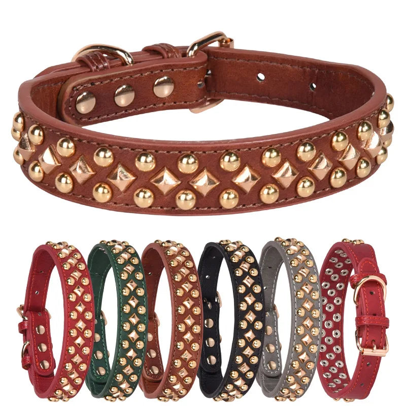 Anti-Bite Leather Dog Collar with Rivets – Heavy Duty Adjustable Pet Collar for Medium &amp; Large Dogs, Soft Comfortable Durable Training Walking Collar