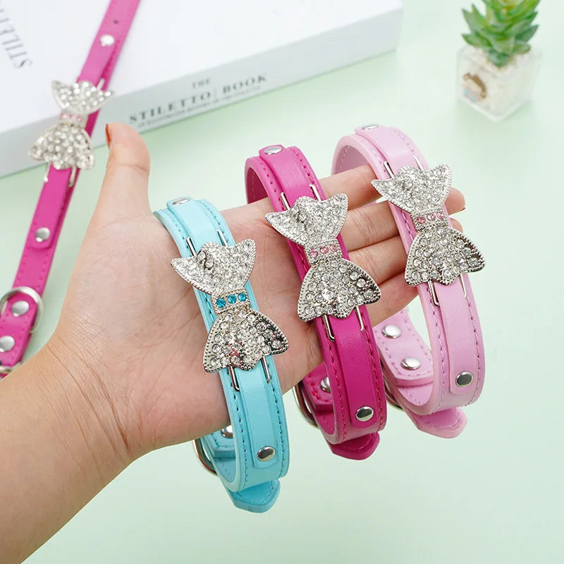 Diamond Studded Bowtie Leather Dog Collar - Adjustable Luxury Collars for Small and Medium Dogs &amp; Cats