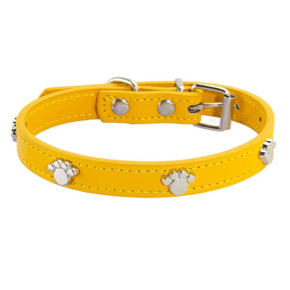 Durable Leather Dog Collar with Paw Print – Adjustable Puppy &amp; Small Dog Collar for Pug, Chihuahua &amp; Cats