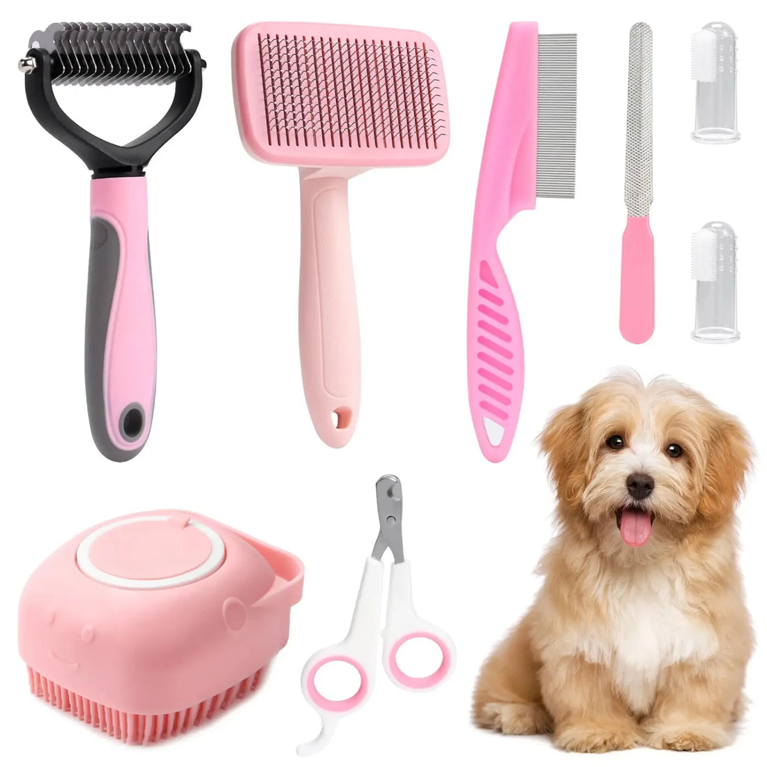 8-piece Dog Brush Grooming Set, pet self-cleaning set, with pet nail clippers and files, flea comb, pet shampoo bath brush, pet