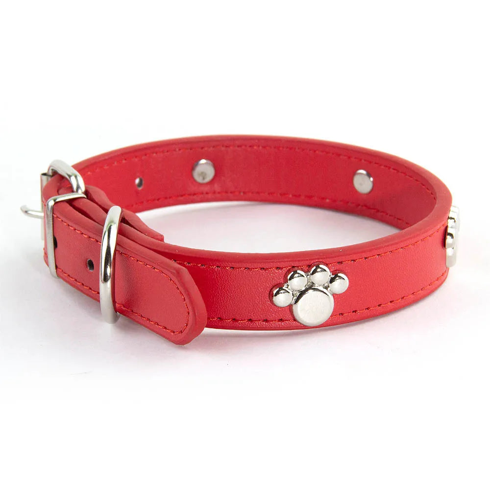 Durable Leather Dog Collar with Paw Print – Adjustable Puppy &amp; Small Dog Collar for Pug, Chihuahua &amp; Cats