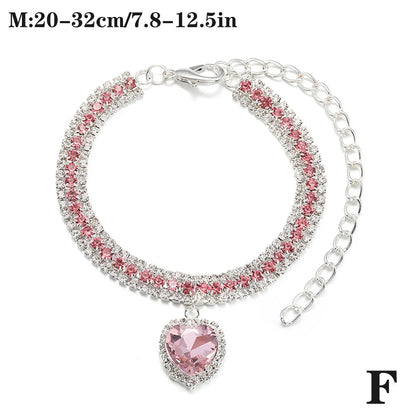 Bling Rhinestone Dog &amp; Cat Necklace Collar – Crystal Heart Diamante Pet Jewelry, Adjustable Puppy &amp; Kitten Wedding Party Accessory XS–L