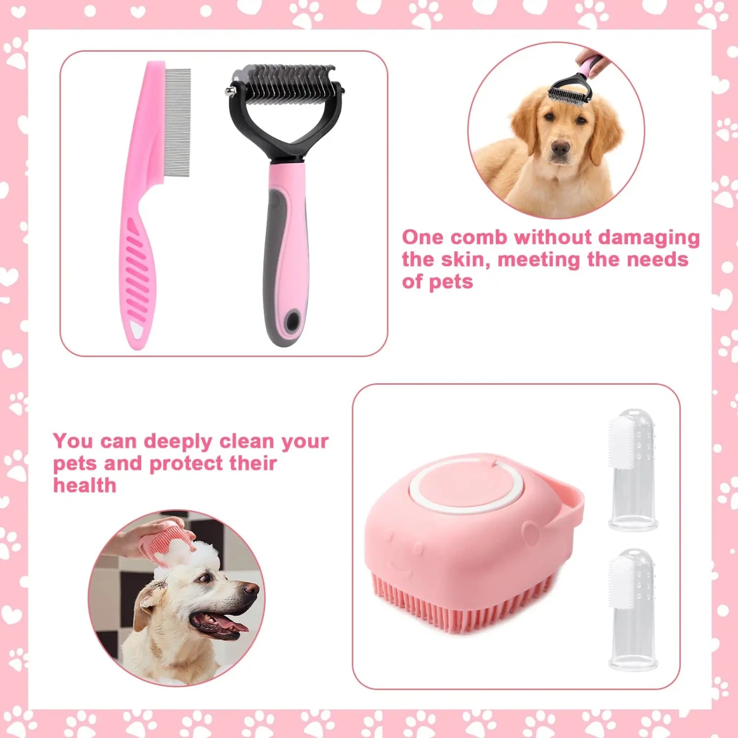 8-piece Dog Brush Grooming Set, pet self-cleaning set, with pet nail clippers and files, flea comb, pet shampoo bath brush, pet
