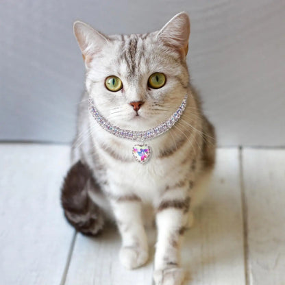 Bling Rhinestone Dog &amp; Cat Necklace Collar – Crystal Heart Diamante Pet Jewelry, Adjustable Puppy &amp; Kitten Wedding Party Accessory XS–L