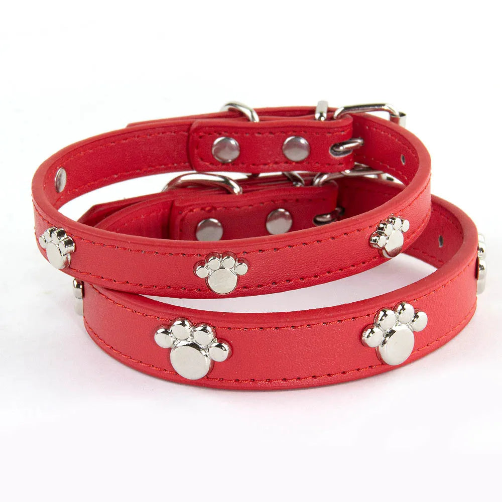 Durable Leather Dog Collar with Paw Print – Adjustable Puppy &amp; Small Dog Collar for Pug, Chihuahua &amp; Cats