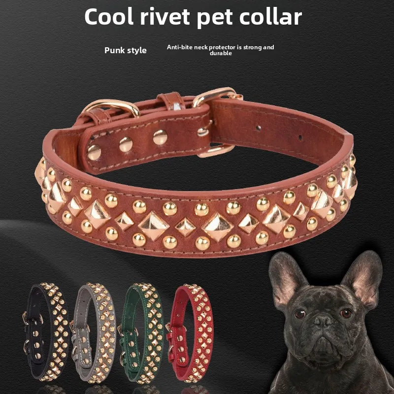 Anti-Bite Leather Dog Collar with Rivets – Heavy Duty Adjustable Pet Collar for Medium &amp; Large Dogs, Soft Comfortable Durable Training Walking Collar
