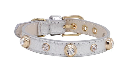 Genuine Leather Pet Collar White Diamond Gemstone Rivet Cowhide Collar Dog and Cat Collar