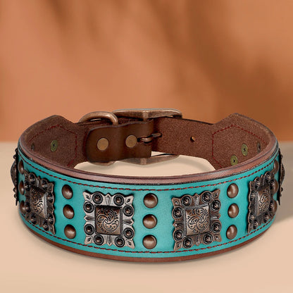 Cool Spiked Dog Collar for Medium Large Dogs – Genuine Leather Adjustable Pitbull Bulldog Collar with Metal Buckle &amp; D-Ring