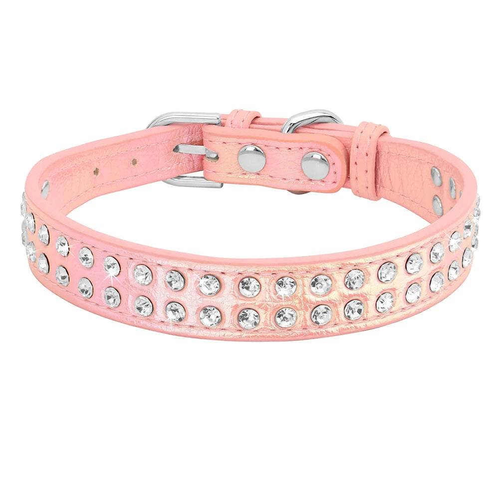 Crystal Rhinestone Small Dog Collar – Adjustable Leather Pet Collar for Chihuahua, Puppy &amp; Cat, Padded Sparkly Dog Collar