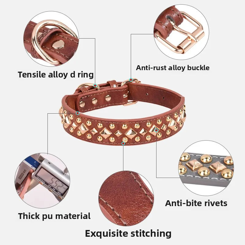 Anti-Bite Leather Dog Collar with Rivets – Heavy Duty Adjustable Pet Collar for Medium &amp; Large Dogs, Soft Comfortable Durable Training Walking Collar